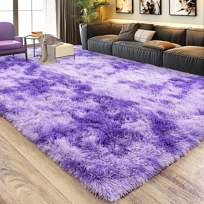 Ultra Fluffy Area Rugs for Living Room Bedroom, 6x9 Fuzzy Large Living Room Rugs, Thick Shag Rug for Dorm, Soft Non Slip Kids Girls Boys Rug for Home Decor Aesthetic, Tie-Dyed Purple