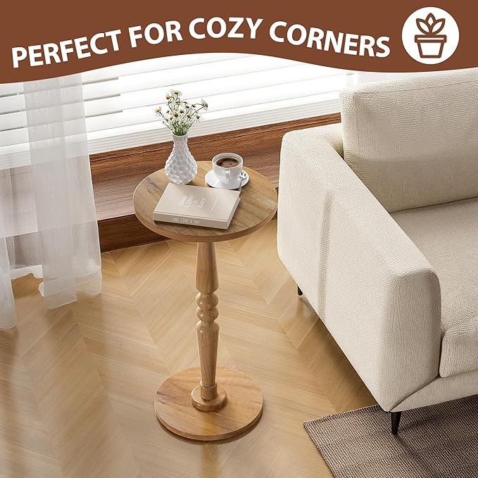 Round Side Table for Livingroom, Bedroom - Small Modern Accent End Table with Solid Wood Top and Pedestal Leg - Compact Drink Table for Corners, Small Spaces, and Office