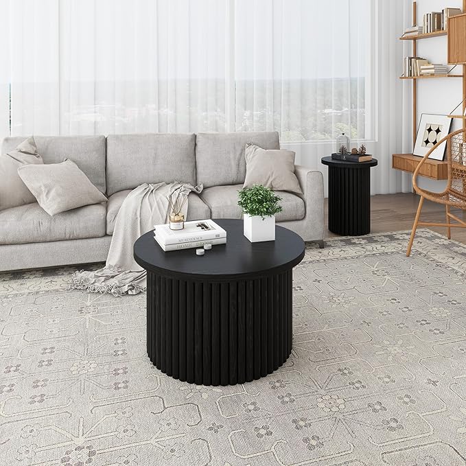 Nesting Coffee Table Set of 2, Modern Round Wooden Circle Accent Coffee Tables for Small Spaces Living Room Bedroom Balcony Office Drum Side Table