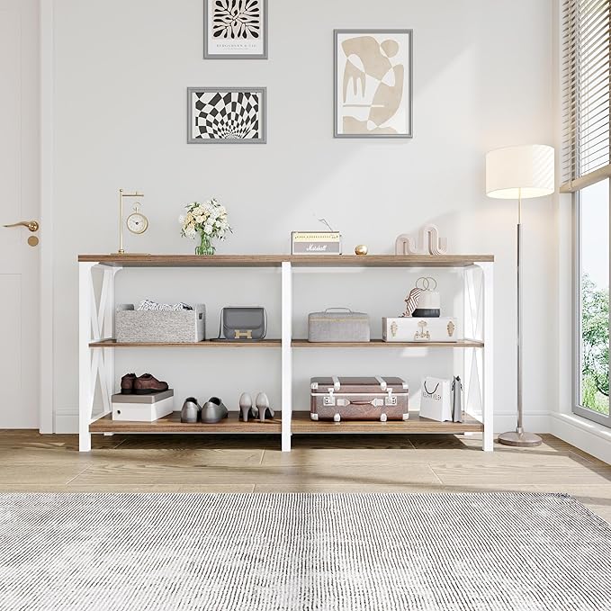 IBF Industrial Console Table, Wood and Metal Entryway Table with Shelves, Farmhouse White and Rustic Oak 3 Tier Sofa Tables for Living Room, Entry, Hallway 63 Inch