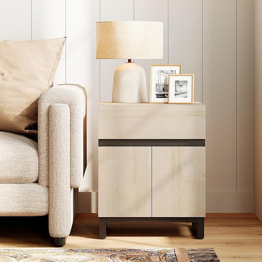 WAMPAT Modern End Table with 1 Drawer & 1 Storage Cabinet, Farmhouse Sofa Table, Wooden Rustic Side Sofa Table Metal Leg for Living Room, Nighstand for Bedroom, Light Oak