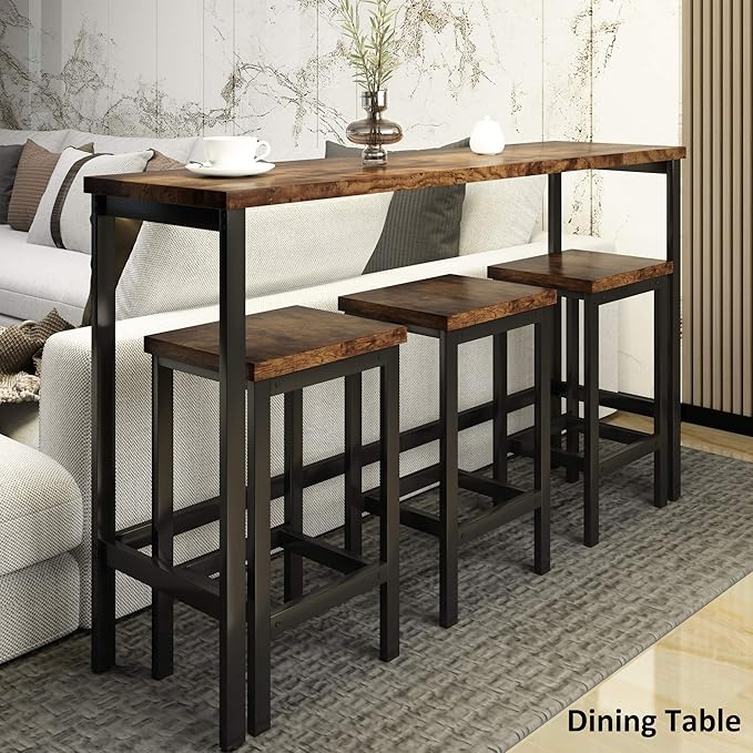 Merax 4 Piece Counter Height Extra Long Dining Pub Kitchen Table Set with 3 Stools, Bar Side-Table with Footrest, Brown