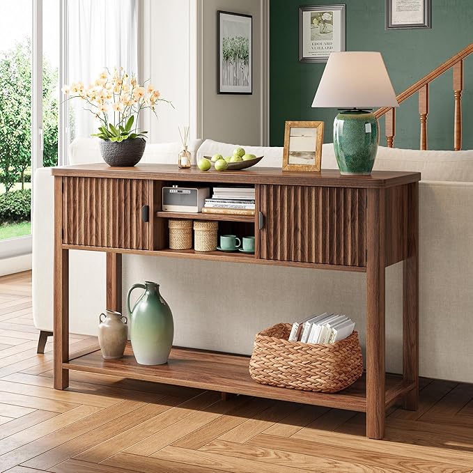 Fluted Console Table with 2 Door Cabinets, Modern Entryway Table with 3 Open Storage Shelves, Narrow Behind Couch Sofa Table for Living Room, Hallway, Foyer, 45.7" W×13.8" D×33.5" H, Walnut Brown