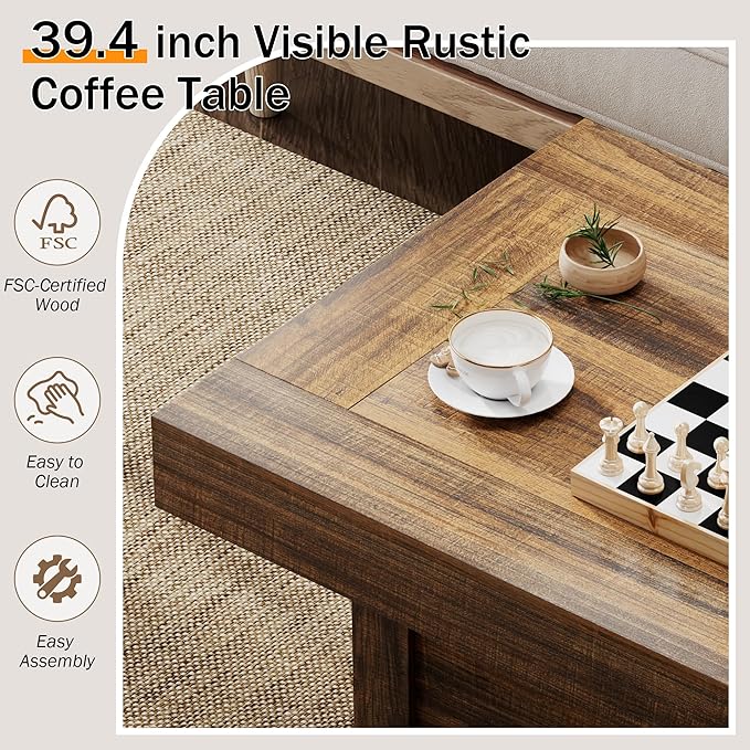 Coffee Table 39 in Rustic Center Table with X-Design Wooden Pedestal for Living Room, Space Saving, Rectangle Home Office Tea Accent Table for Dining Room Apartment, Walnut