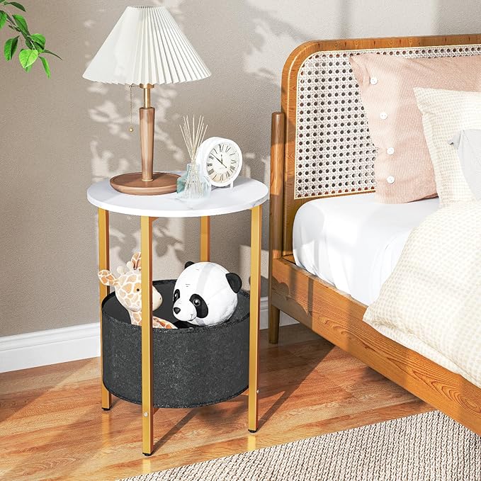 Giantex Round End Table Set of 2, Small Side Tables w/Removable Fabric Basket, Modern Bedside Tables w/Metal Frame, Sofa Couch Accent Tables for Small Space Living Room, Nightstand for Bedroom
