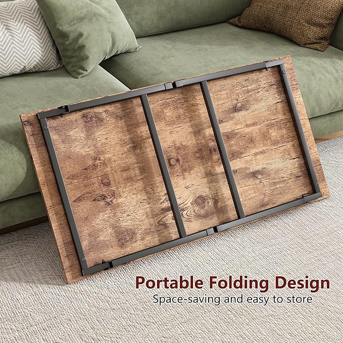 Black Coffee Table Foldable,Simple Modern Rectangular Center Table, Industrial Wood Tabletop and Metal Frame, Low Coffee Table for Home Office, Living Room,No Assembly,Rustic Brown