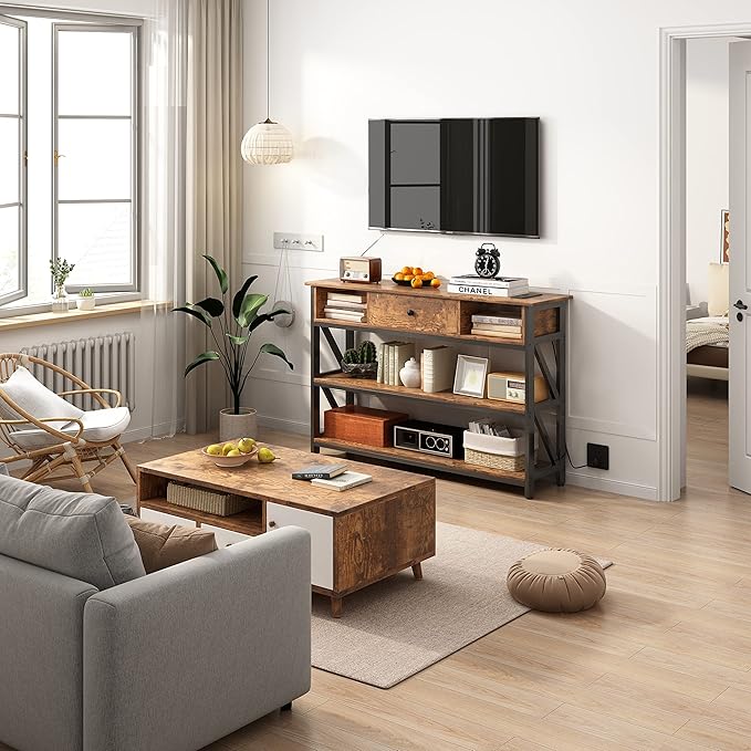 Mexin 47 Inch Console Table with 2 Outlet and 2 USB Ports, Entryway Table with Drawer and Storage Shelves, Narrow Sofa Table for Living Room and Hallway, Vintage Brown