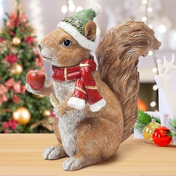 Christmas Squirrel Statue for Home Decor, Ideal for Holiday Cheer, Christmas Figurine Indoor for Shelf Mantel Winter Table Centerpiece, Birthday Gift for Women