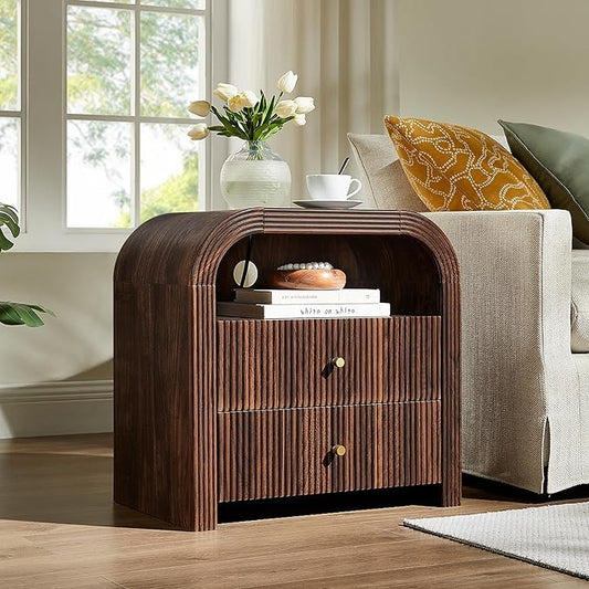 T4TREAM Fluted Nightstand with Charging Station, 24" Large 2 Drawers Bedside Table, Modern End Table with Storage Night Stand for Bedroom, Living Room, Round Curved Corner Design, Dark Walnut