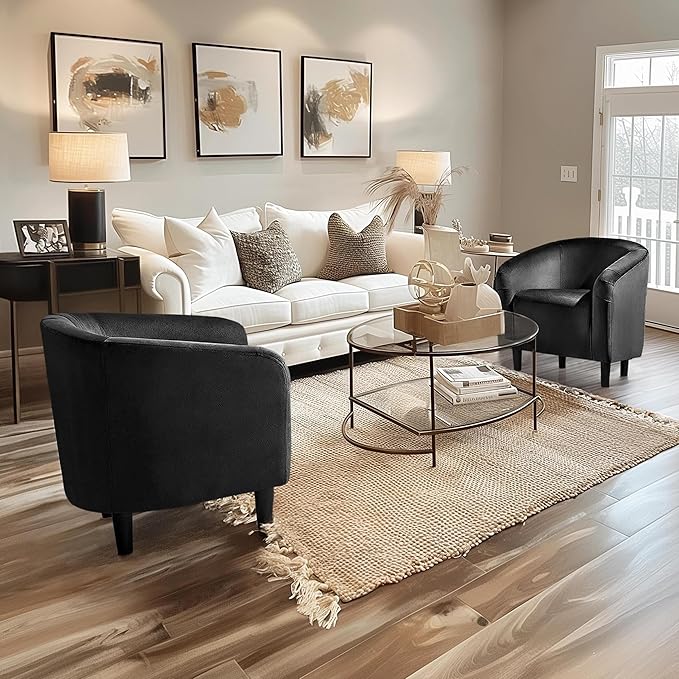 Yaheetech Barrel Chair, Modern Accent Chair Comfy Velvet Armchair Club Sofa Chair Vanity Chair for Living Room Bedroom Office Small Space, Black