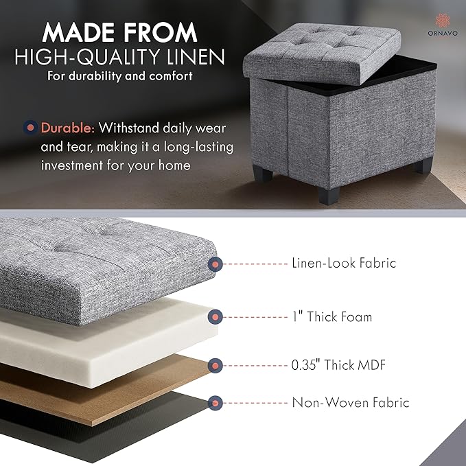 Ornavo Home Storage Ottoman Small Rectangle Ottoman with Legs, Foot Rest Stool Seat, Load up to 600 LB, for Living Room, Bedroom, Home Office, Dorm - 12 x 16 x 12, Gray