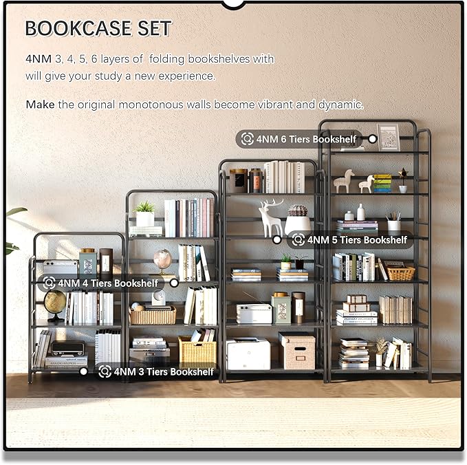 4NM No Assembly Folding Bookshelf, 5 Tiers Collapsible Book Shelves Open Industrial Foldable Storage Bookcase Shelf for Bedroom, Living Room, Home Office - All Black
