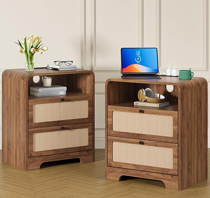 Set of 2 Night Stand with Charging Station, 19.7" Wooden Side Table Curved Nightstands with 2 Drawers & USB/Type-C Ports, Mid Century Modern End Table for Living Room, Bedroom, Nature Linen, Walnut