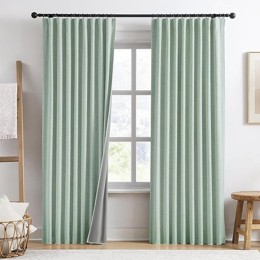RAIN CITY Light Green Linen Blackout Curtains 84 Inch Long for Living Room,2 Panels Pinch Pleated Drape with Hooks Back Tab Boho Decor, Textured Full Black Out Curtains for Bedroom 50 x 84