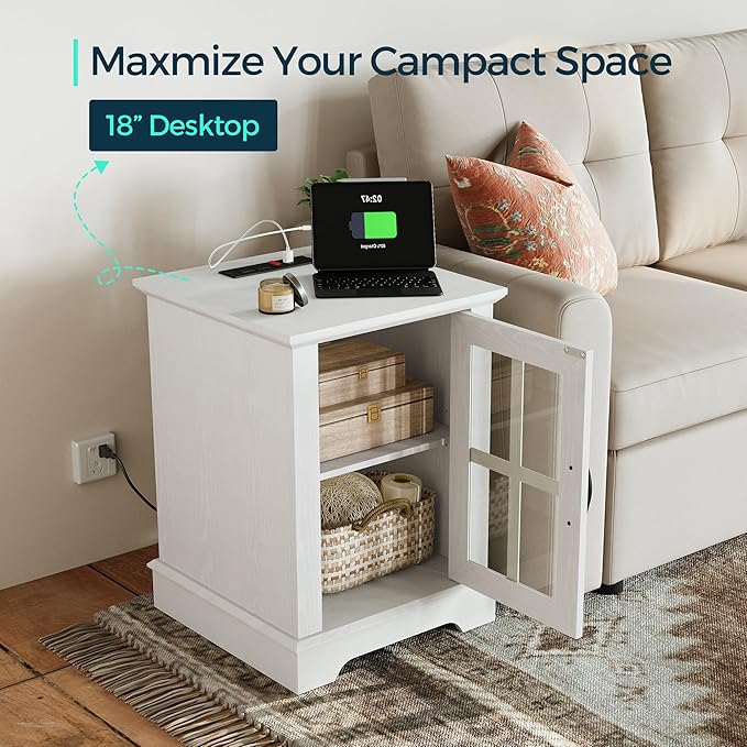 LINSY HOME End Table with Charging Station, Modern Side Table with Storage Cabinet and Adjustable Shelf, Small Sofa Table for Living Room, White