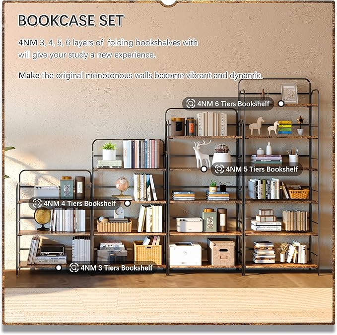 4NM No Assembly Folding Bookshelf, 6 Tiers Collapsible Book Shelves Open Industrial Foldable Storage Bookcase Shelf for Bedroom, Living Room, Home Office - Rustic Brown and Black