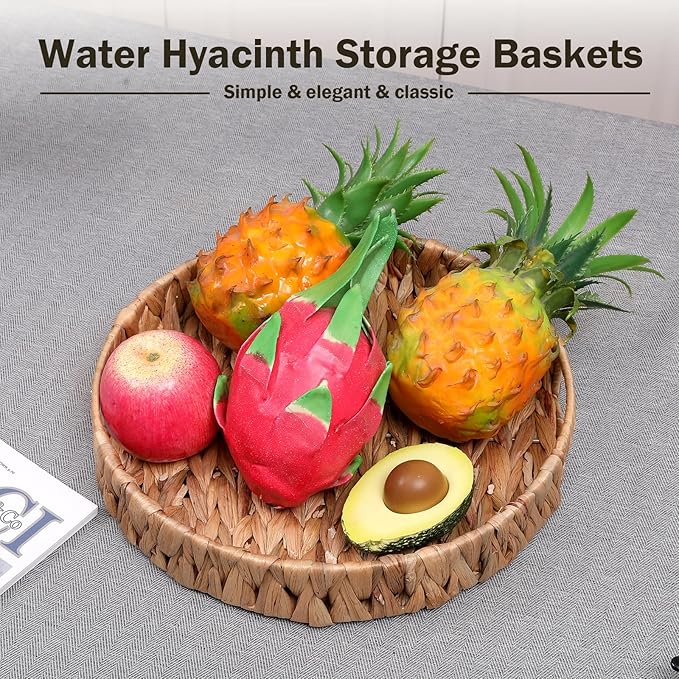 Round Serving Tray Hand-Woven Wicker Basket 11.8x1.9in Water Hyacinth Baskets with Handles,Coffee Table Tray for Fruit,Arts,Crafts