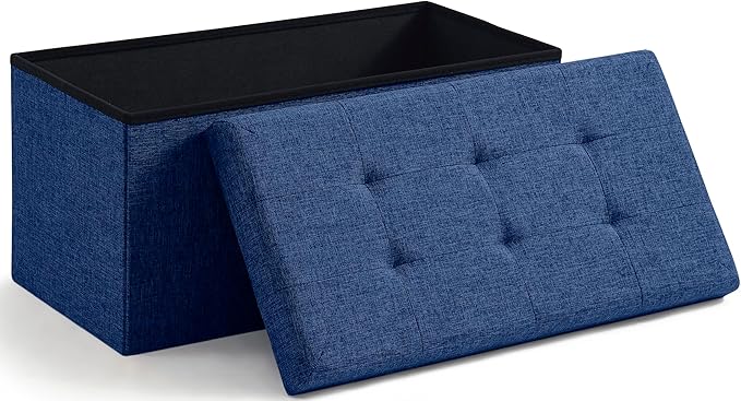 Ornavo Home Foldable Tufted Linen Large Storage Ottoman Bench Foot Rest Stool/Seat - 15" x 30" x 15" (Navy)