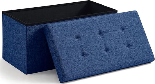 Ornavo Home Foldable Tufted Linen Large Storage Ottoman Bench Foot Rest Stool/Seat - 15" x 30" x 15" (Navy)