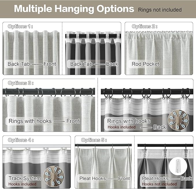 RAIN CITY Natural Blackout Curtains 96 Inch Long 2 Panels Set,Back Tab/Rod Pocket/Pleated Look with Hooks,Linen Blend Textured Rustic Farmhouse Heat Insulated Summer Drapes for Living Room 50W x 96L