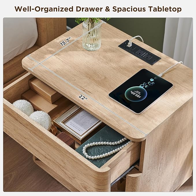 ACCOHOHO Modern Nightstand Set of 2 with Charger Station, 22" Wide Night Stand with Storage Drawer & Open Shelf, Large Bedside Table for Bedroom, Wood End Table, Curved Profile, Natural Oak