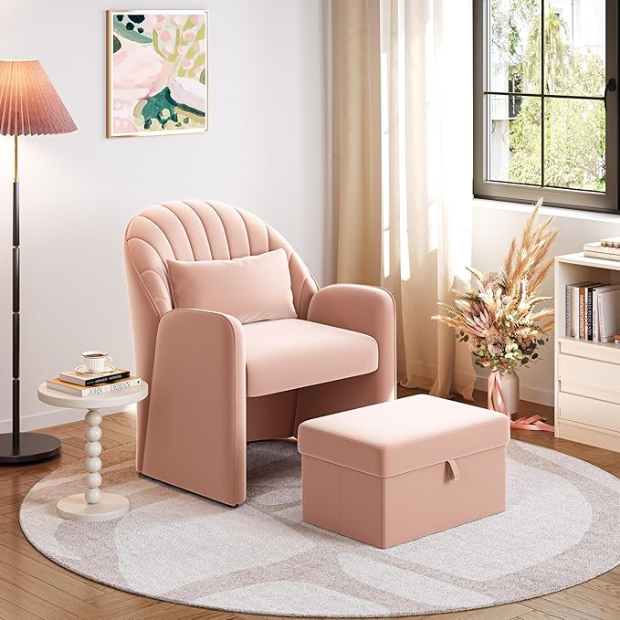 Yaheetech Small Accent Barrel Chairs for Living Room Set of 2, Velvet Cute Reading Corner Chair with Storage Footrest Lumbar Pillow for Bedroom Small Space Pink