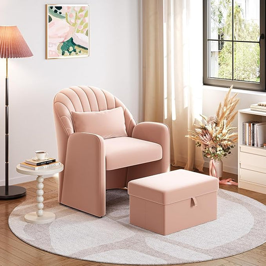 Yaheetech Small Accent Barrel Chairs for Living Room, Velvet Cute Reading Corner Chair with Storage Footrest Lumbar Pillow for Bedroom Small Space Pink/Set of 1