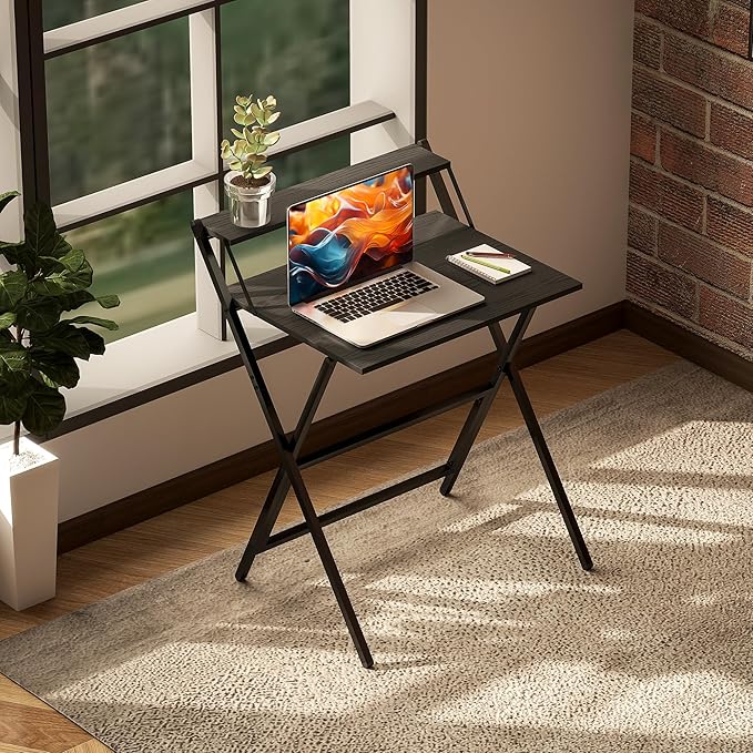 HOMCOM Small Folding Desk, 27.6 Inch Foldable Computer Desk with Monitor Shelf, Space Saving Portable Writing Table for Small Spaces, Home Office, Study, Easy Assembly, Black