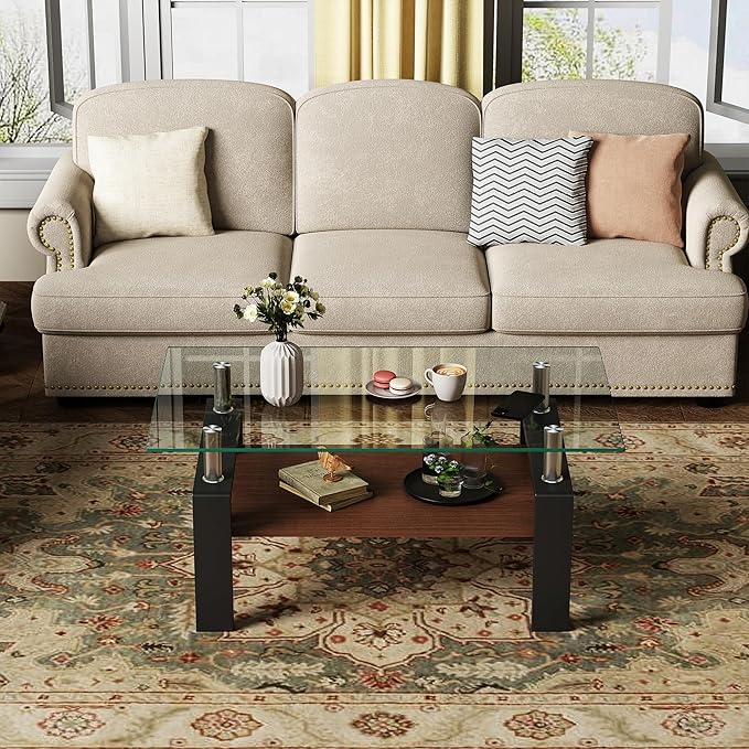 Modern 2-Tier Coffee Table with Tempered Glass Top, MDF Shelf & Metal Legs, Rectangular Living Room Center Table, Sturdy & Stylish Table for Small Spaces, Lounge or Office