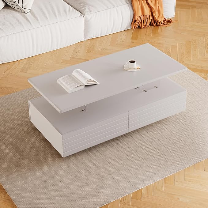 Modern White Rectangular LED Lights Coffee Table with 2 Drawers in 47.2"