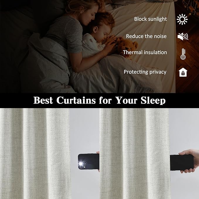 140 Inch Long Blackout Curtains Panels Set,Linen Textured Custom Extra Long Luxury Noise Reducing Curtains for Large Window Pocket Back Tab Pleat Heading Tape with Hooks 50W x 140L,Natural