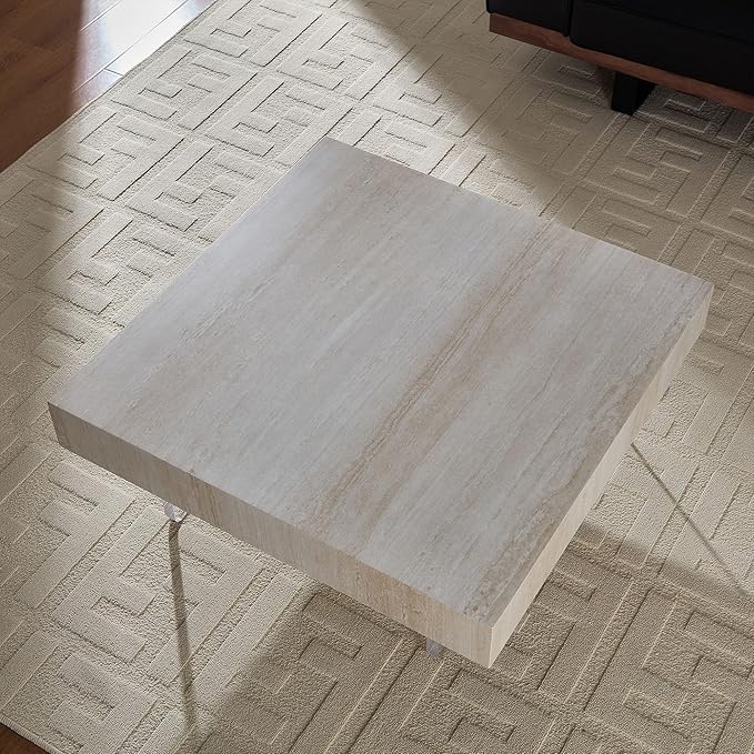WILLIAMSPACE 34.65" Square Coffee Table with Faux Travertine Pattern & Acrylic Legs, Modern MDF Drum Center Table End Table Accent Side Table for Living Room, Easy Assembly