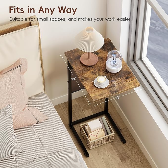 Vagusicc C Shaped End Table, Small Side Table for Couch, Tall Couch Side Table C Table for Small Space, TV Tray Slide Under Sofa Snack Table with Metal Frame for Living Room, Bedroom, Bedside, Brown