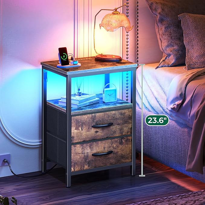 Huuger Night Stand with Charger Station and LED Lights, 2 Drawer Nightstand, Bed Side Table with Open Shelf, End Table, Fabric Dresser for Bedroom, Rustic Brown