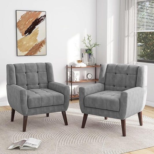 2 Pack Mid Century Modern Accent Chairs, Button Tufted Velvet Upholstered Armchairs with Arms - Matching Set for Living Room, Comfortable Sofa Chairs for Bedroom & Home Office, Compact, Gray
