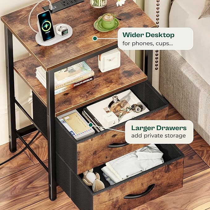 Huuger Night Stand with Charger Station and LED Lights, 2 Drawer Nightstand, Bed Side Table with Open Shelf, End Table, Fabric Dresser for Bedroom, Rustic Brown