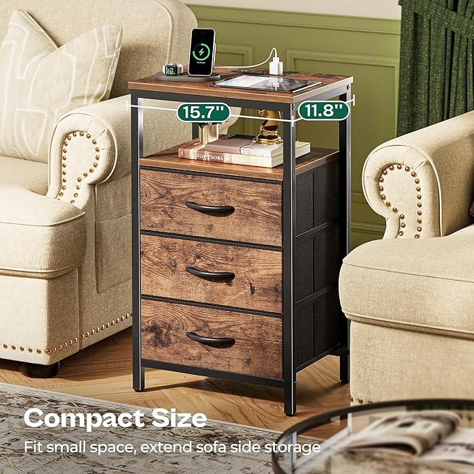 Huuger Night Stand with Charger Station and LED Lights, 3 Drawer Nightstand, Bed Side Table with Open Shelf, End Table, Tall Fabric Dresser for Bedroom, Rustic Brown