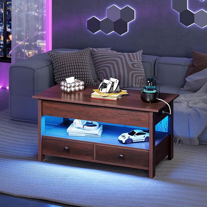 WLIVE Coffee Table, Lift Top Coffee Table with 2 Drawers, LED Light, Large Hidden Compartment and Open Shelf, Lift Tabletop, Dining Table for Living Room, Espresso