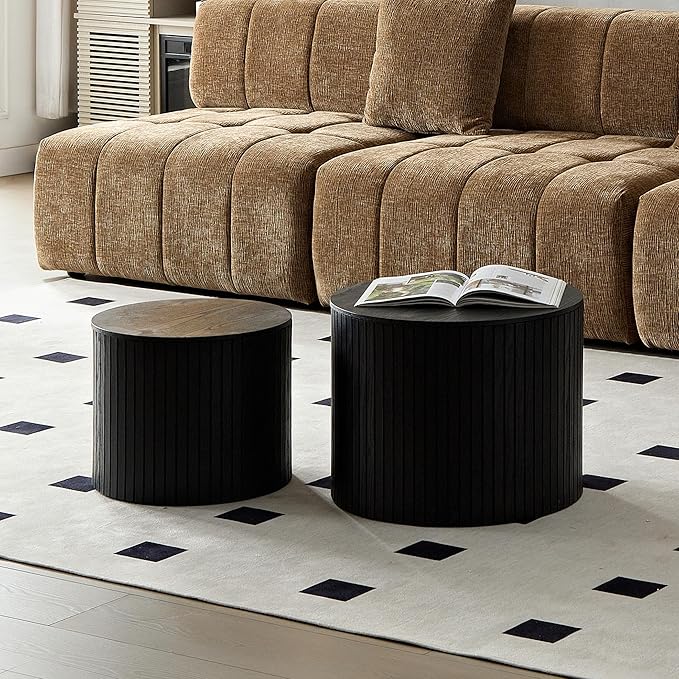 Nesting Coffee Table Set of 2, Modern Round Wooden Circle Accent Coffee Tables for Small Spaces Living Room Bedroom Balcony Office Drum Side Table