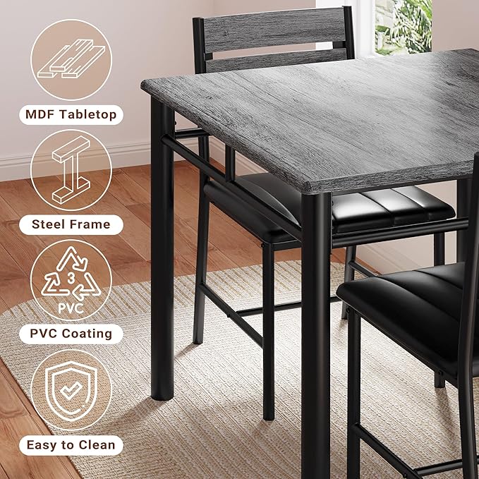 IRONCK Dining Table Set for 2, Small Kitchen Table with Upholstered Chairs for Kitchen & Dining Room, Compact Dining Set for Small Spaces, Gray