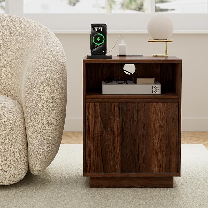 Farmhouse Nightstand with Door, Wood Storage End Table with Charging Station & Open Shelf, Bedside End Tables for Bedroom, Sofa, Brown