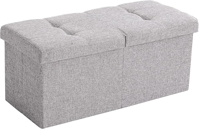 Cuyoca Foldable Seat Footrest Shoe Bench End of Bed Storage with Flipping Lid, 75L Storage Space, 30 inches Linen Fabric Grey