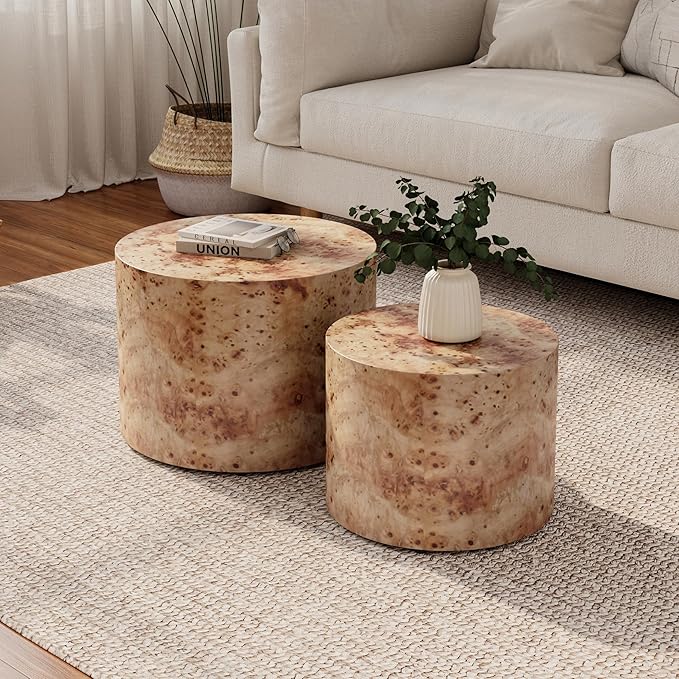 Nesting Coffee Table Set of 2 for Living Room, Modern Round Wooden Circle Accent Side Tables for Small Spaces, Bedroom, Balcony, Office, Natural Burl Finish (19"+15")