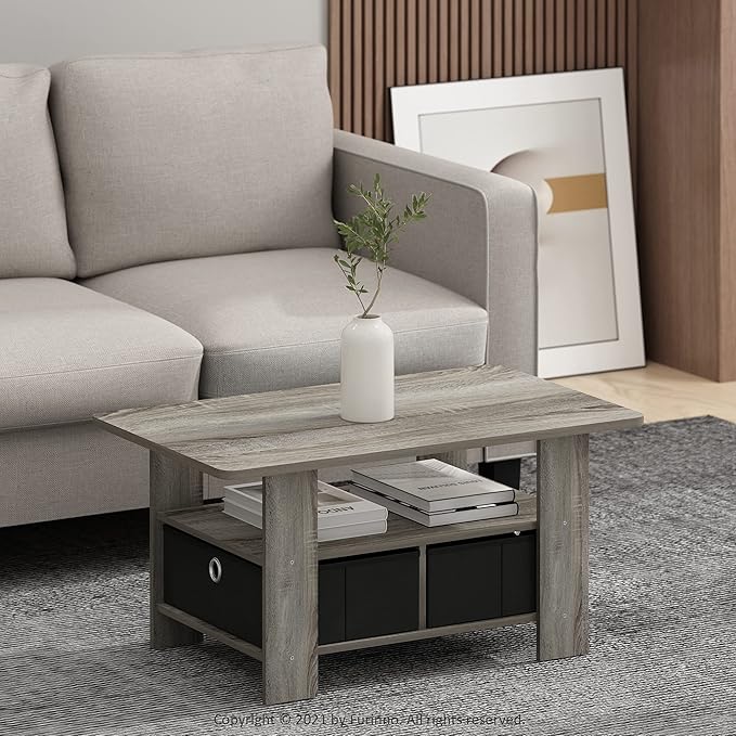 Furinno Andrey Coffee Table with Bin Drawer, French Oak Grey/Black