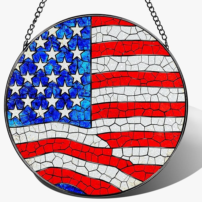 Stained Glass Window Hanging, Pauyadu 8 Inch American Flag Stained Glass Suncatcher, Patriotic Home Decor, Window Decor, USA Flag Gift Ideas, Patriotic Themed Gifts, Gifts for Women and Men