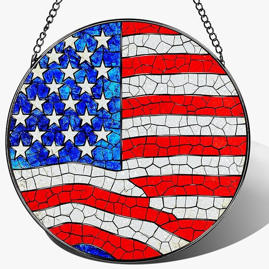 Stained Glass Window Hanging, Pauyadu 8 Inch American Flag Stained Glass Suncatcher, Patriotic Home Decor, Window Decor, USA Flag Gift Ideas, Patriotic Themed Gifts, Gifts for Women and Men