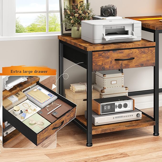 Computer Desk with Printer Shelf & Storage Shelves,56 Inch Gaming Desk with LED Lights & Power Outlet,Office Desk with Headphone Hook,Reversible Corner Desk for Small Space,Carbon