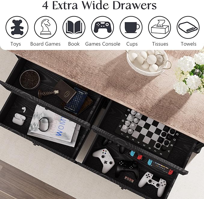 Coffee Table with Storage, 47.2 in Rustic Wooden Center Table with 4 Drawers for Living Room, Easy Assembly Rectangle Home Office Farmhouse Tea Accent Table for Apartment, Oak Black