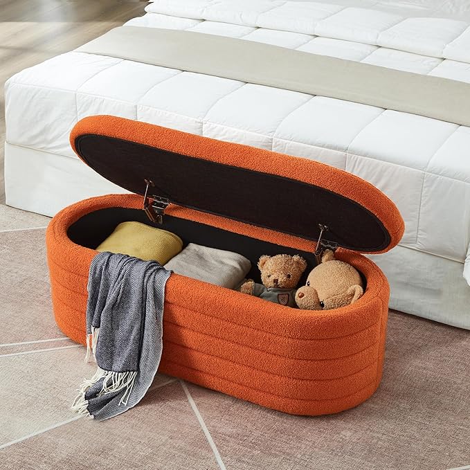 Storage Ottoman Bench End of Bed for Bedroom,43 inch Teddy Boucle Upholstered Entryway Shoe Seat Bench w/Storage,Sherpa Modern Cute Stool Foot Rest for Living Room,Window Seating,Orange