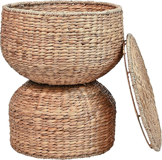happimess SAT1000A Bhola 18" Hourglass Handwoven Hyacinth Storage Accent Table with Lid for Storage and Decoration in Bedroom, Living Room, Kitchen, Dining Room, Entryway, Guestroom, Natural